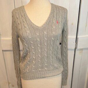 Ralph Lauren Sport Vintage Grey V Neck Cable Knit Sweater
